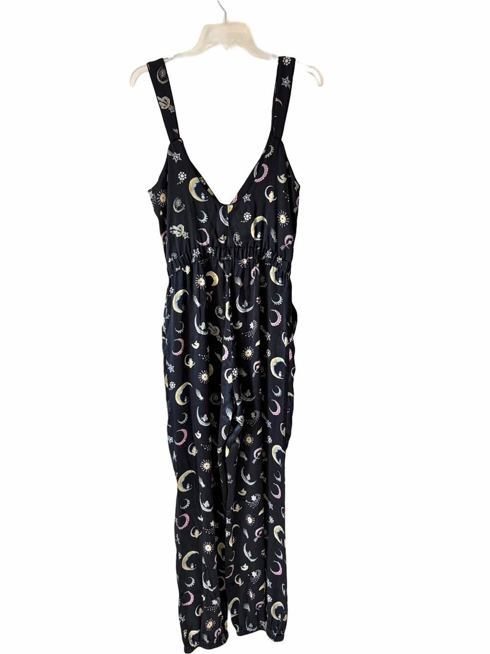 Morgan Lane Navy Blue Silk Celestial Print Black Trim Jumpsuit Size medium